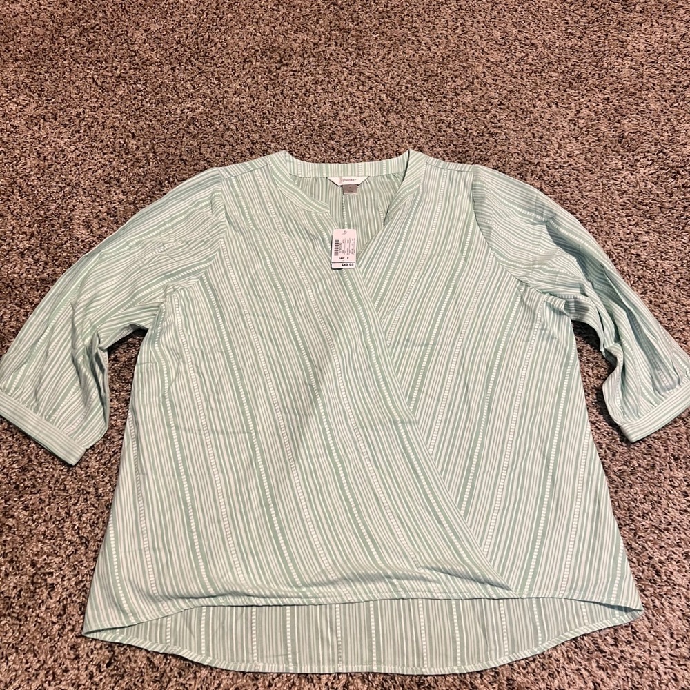 CJ Banks Striped Surplice Blouse 3/4 Sleeve Button Accents Plus Size 14W